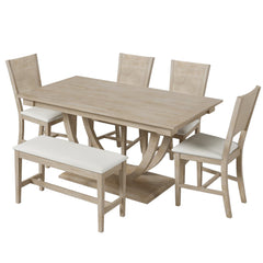 6-Piece Wood Half Round Dining Table Set with Long Bench and 4 Dining Chairs - Pier 1