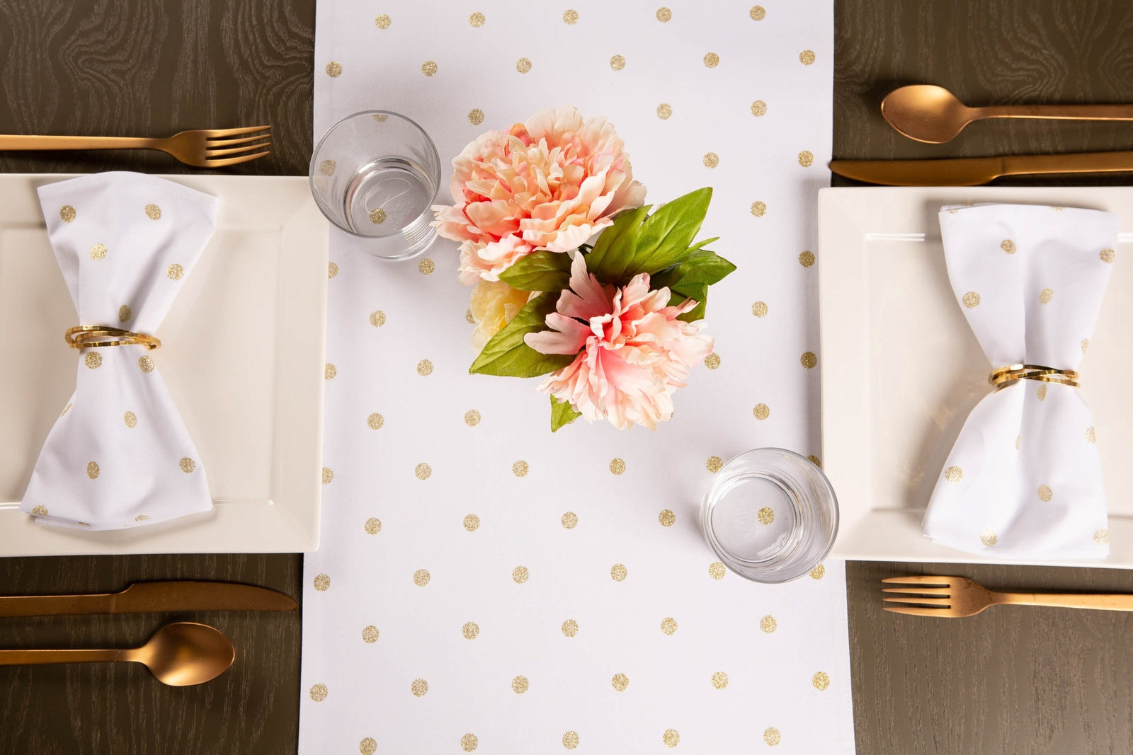 Metallic White & Gold Reversible Polka Dot Table Runner 13x72 Table Runners