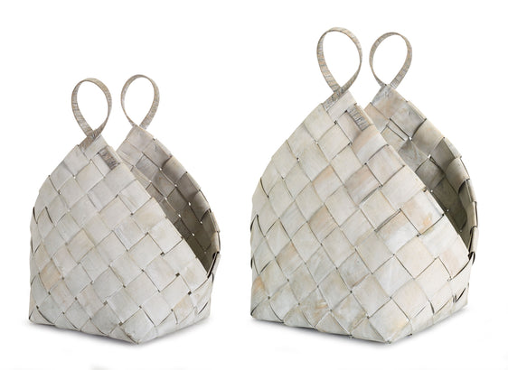 White Woven Metasequoia Wood Basket with Handles (Set of 4)