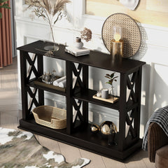 Abby Console Table with 3 Tier Open Shelves with X Design, Black - Pier 1