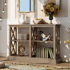 Abby Console Table with 3 Tier Open Shelves with X Design, Distressed White - Pier 1