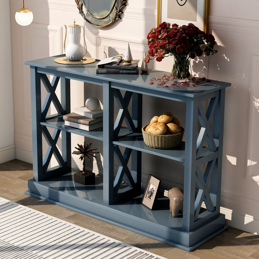 Abby Console Table with 3 Tier Open Shelves with X Design, Navy Blue - Pier 1