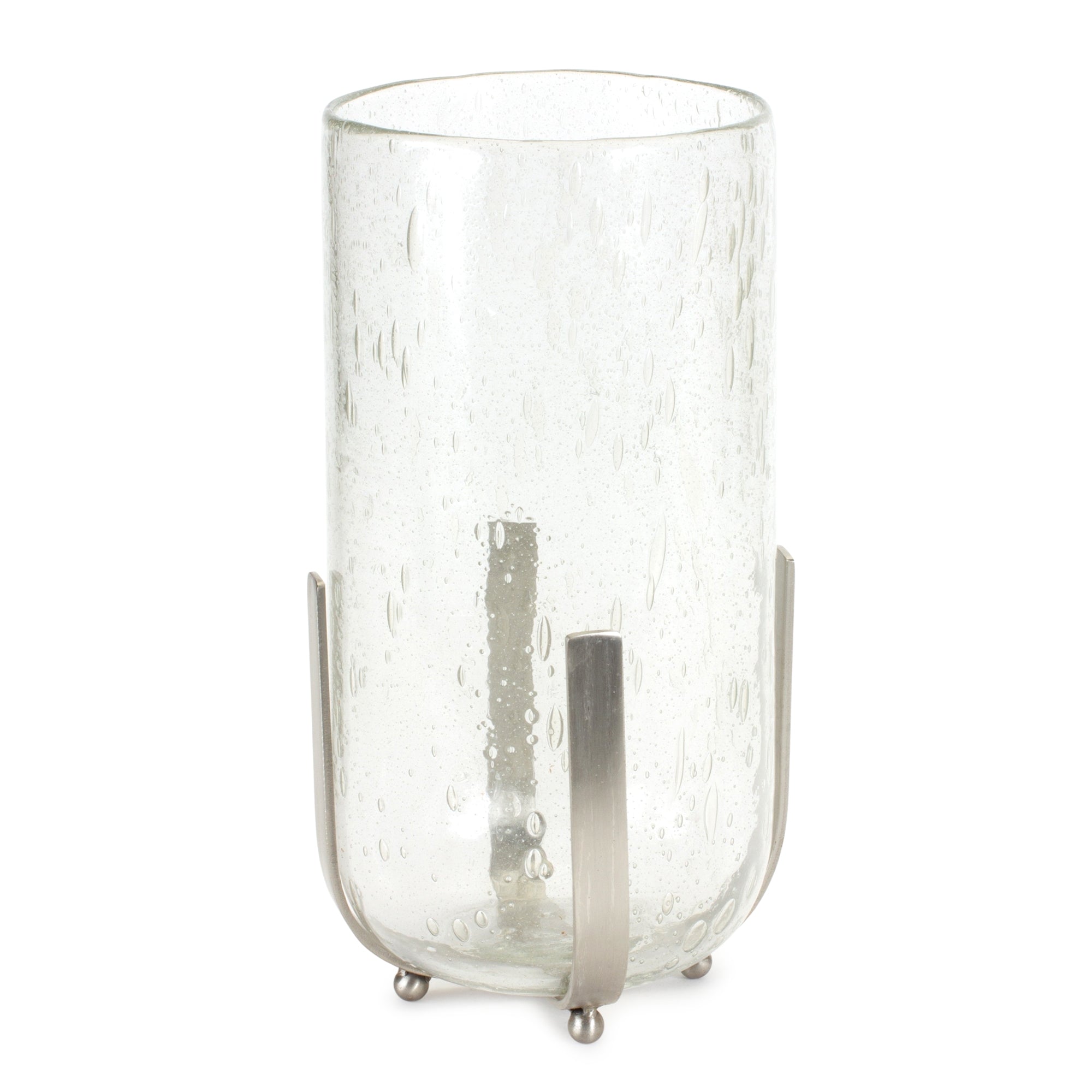 Bubbled Glass Vase Candle Hurricane with Metal Stand 12.5"