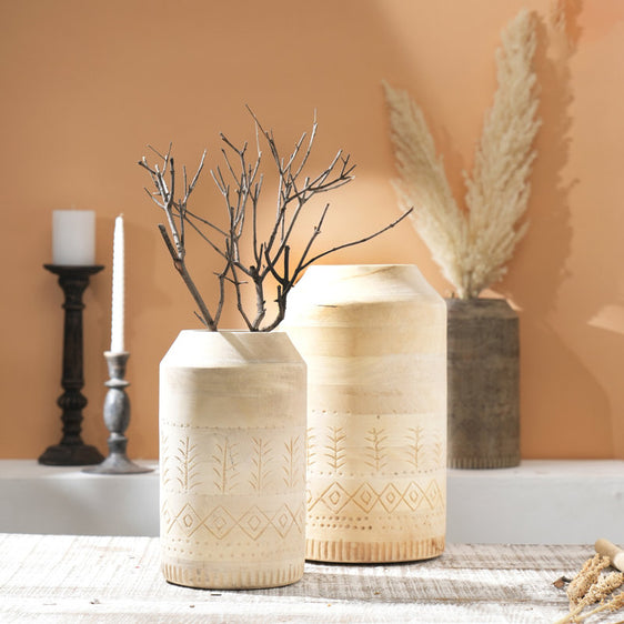 Rooh Large Light Mango Wood Vase with Engraving