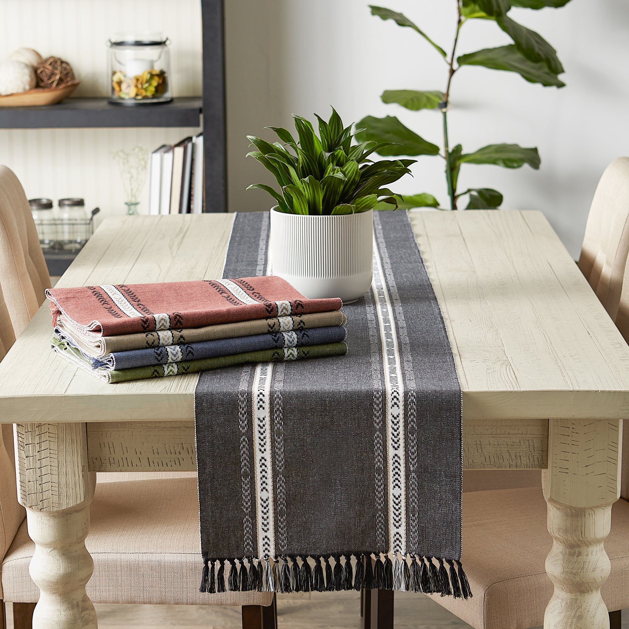Black Dobby Striped Fringe Ribbed Table Runner - Pier 1