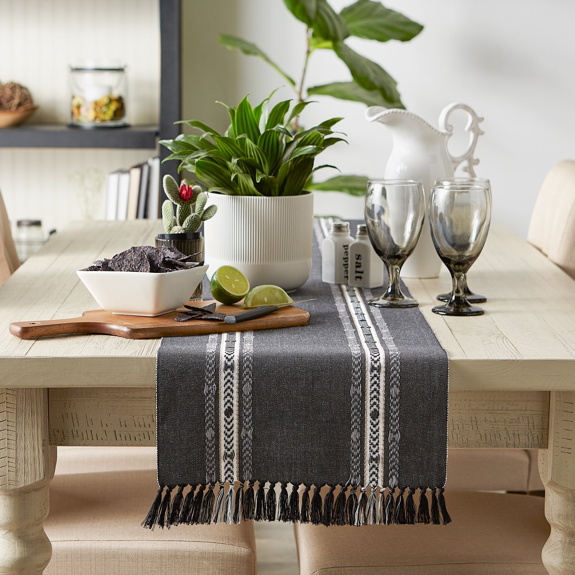 Black Dobby Striped Fringe Ribbed Table Runner - Pier 1