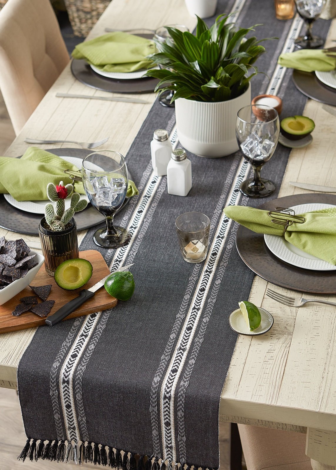 Black Dobby Striped Fringe Ribbed Table Runner - Pier 1
