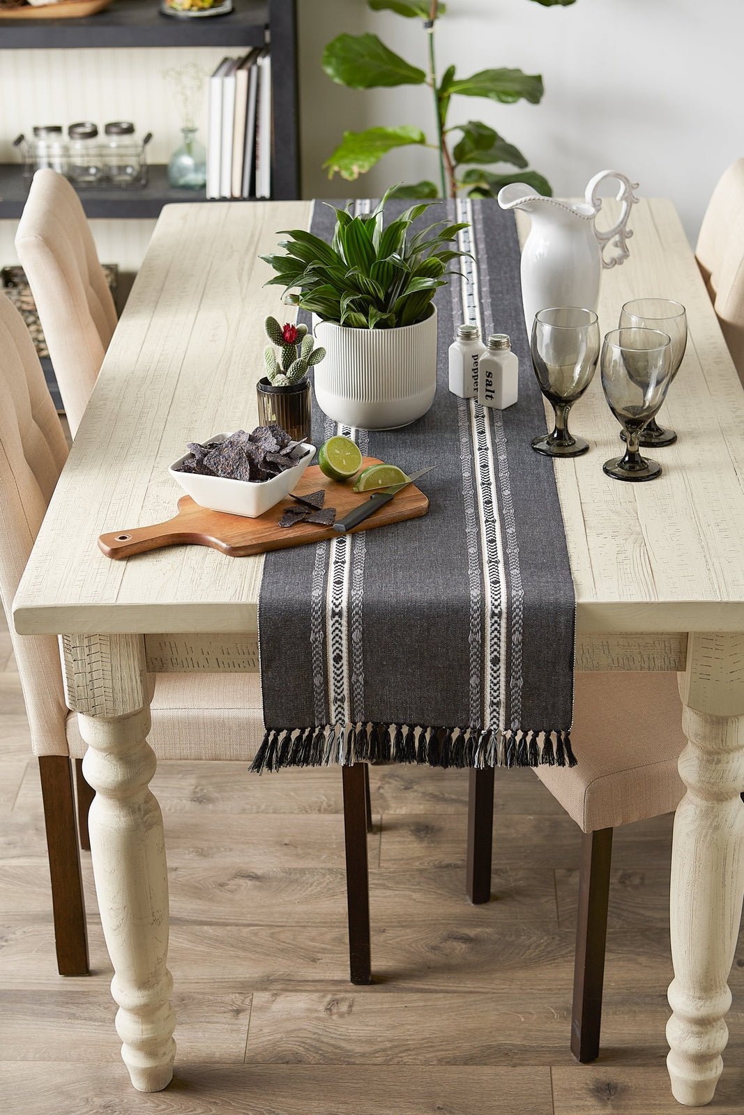 Black Dobby Striped Fringe Ribbed Table Runner - Pier 1