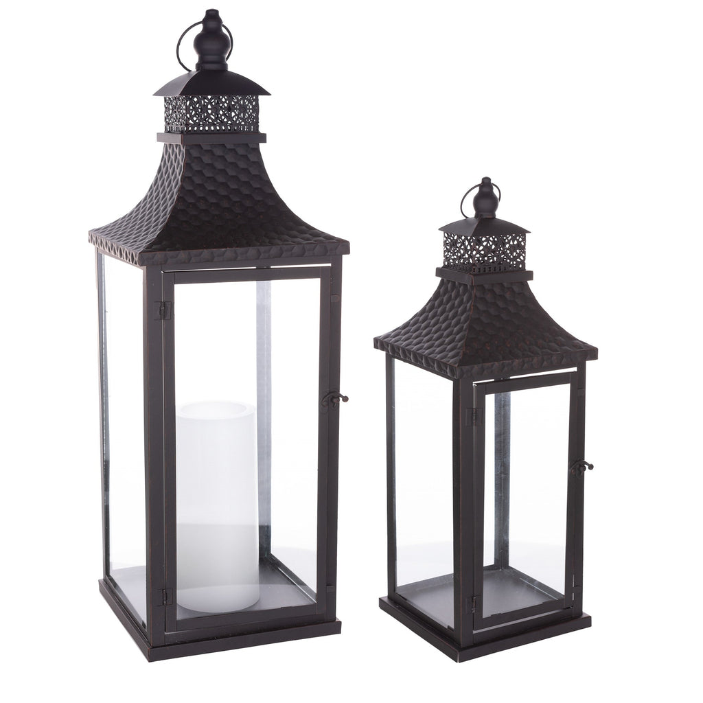Black Traditional Lantern with Hammered Metal Lid, Set of 2 - Pier 1