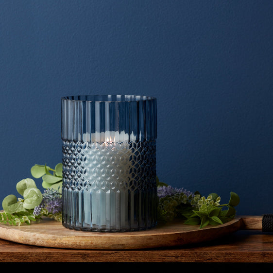 Blue Ribbed Glass Vase or Candle Holder 8" - Pier 1
