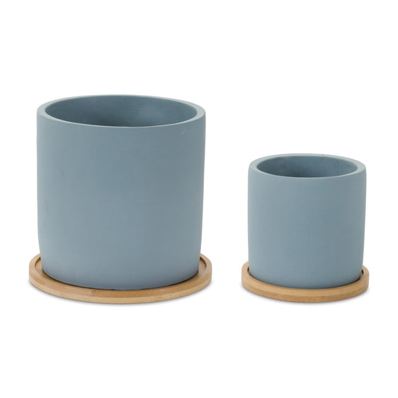 Blue-Stone-Planter-with-Wood-Plate,-Set-of-2-Planters
