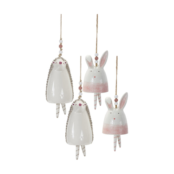 Blush-Bunny-and-Hedgehog-Bell-Hanging-Garden-Accent,-Set-of-4-Outdoor-Decor