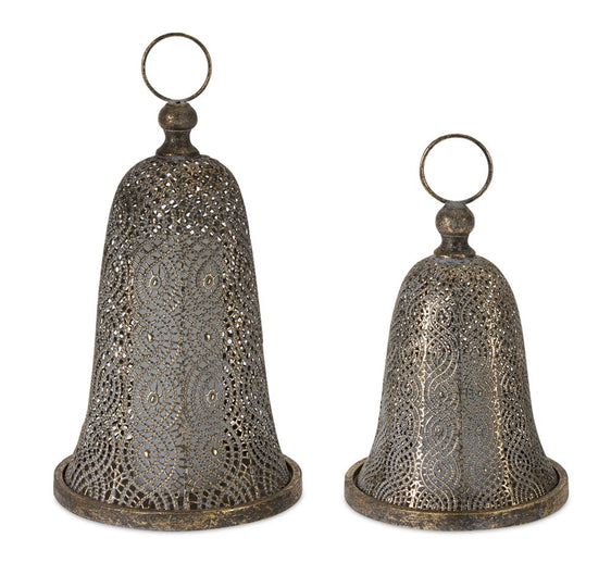 Bronze-Punched-Metal-Bell-Candle-Lantern,-Set-of-2-Lanterns