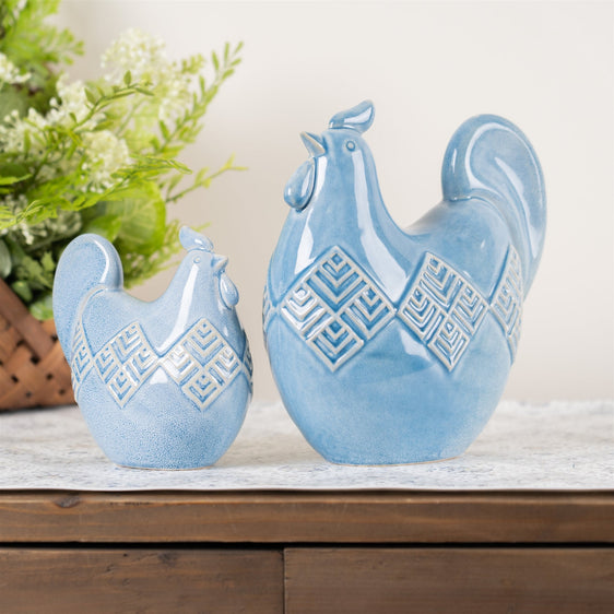 Ceramic-Chicken-Shelf-Sitter-with-Geometric-Design,-Set-of-2-Decorative-Accessories