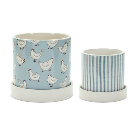 Chicken-Pattern-Planter-with-Plate,-Set-of-2-Planters