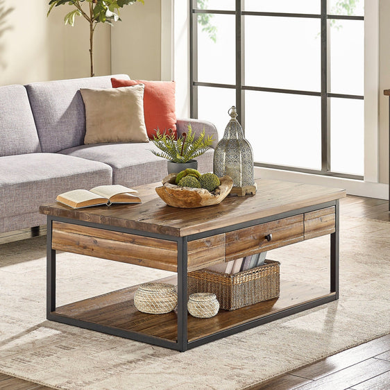 Claremont 48"L Rustic Wood Coffee Table with Drawer and Low Shelf - Tables Desk