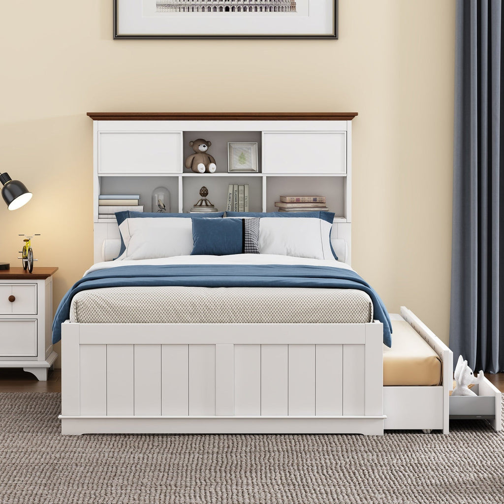 Cole Captain Bookcase Bed with Trundle, 3 Drawers, White and Walnut - Pier 1
