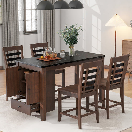 Counter-Height-5-Piece-Dining-Table-Set-with-Faux-Marble-Tabletop,-Storage-Cabinet-and-Drawer-Dining-Set