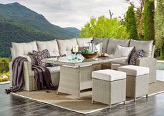 Cream Canaan All-weather Wicker Outdoor Deep-seat Dining Sectional Set with Sofa, Loveseat, 26" Cocktail Table and Two Stools - Pier 1