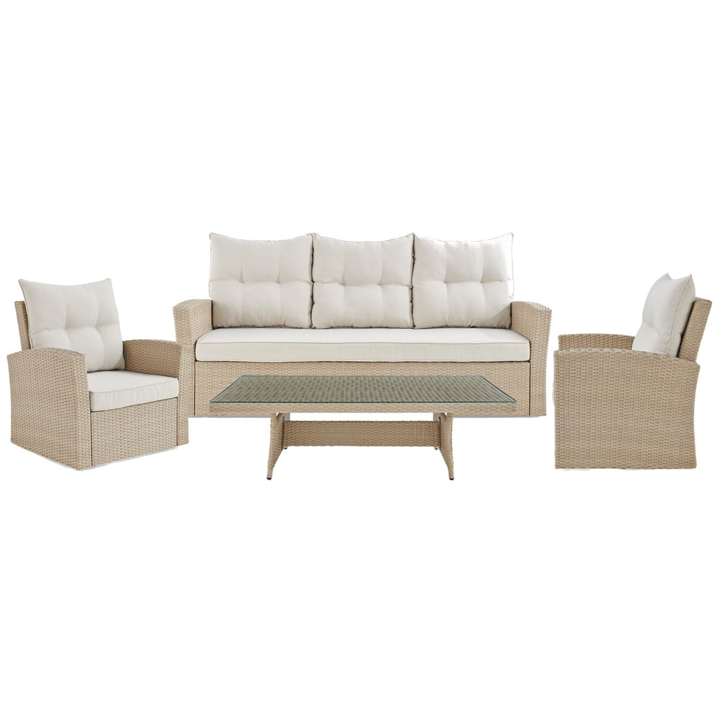 Cream Canaan All-weather Wicker Outdoor Deep-seat Dining Set with Sofa, Two Arm Chairs and 57" Coffee Table - Pier 1