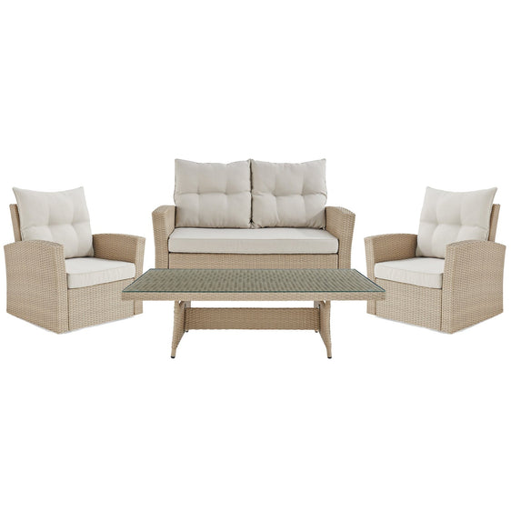 Cream Canaan All-weather Wicker Outdoor Seating Set with Loveseat, Two Chairs and 57" Coffee Table - Pier 1