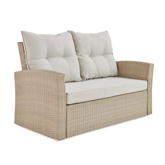 Cream Canaan All-weather Wicker Outdoor Seating Set with Loveseat, Two Chairs and 57" Coffee Table - Pier 1