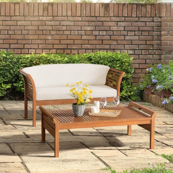 Cream-Stamford-Eucalyptus-Wood-Outdoor-Bench-with-Coffee-Table,-Set-of-2-Outdoor-Seating
