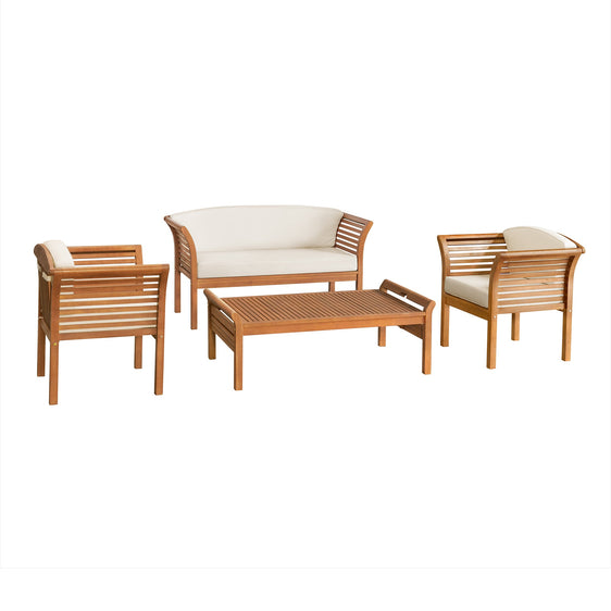 Cream Stamford Eucalyptus Wood Outdoor Set with 2 Chairs, Bench, and Coffee Table, Set of 4 - Pier 1
