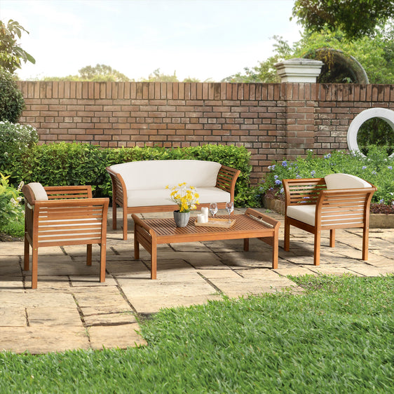 Cream-Stamford-Eucalyptus-Wood-Outdoor-Set-with-2-Chairs,-Bench,-and-Coffee-Table,-Set-of-4-Outdoor-Seating