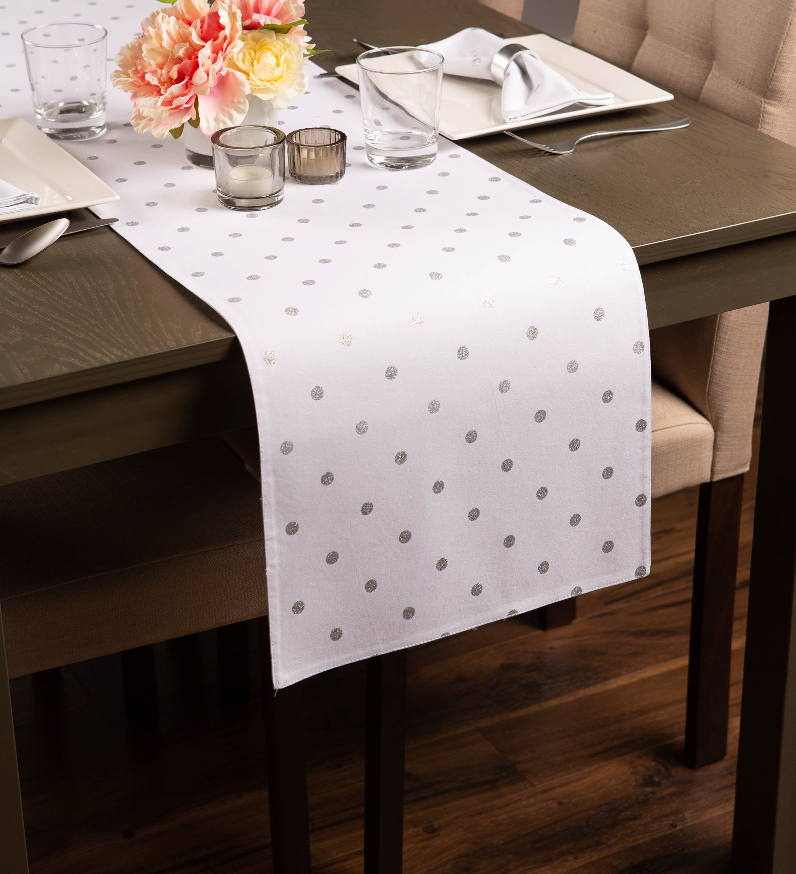 Metallic White & Silver Reversible Polka Dot Table Runner 13x72 Table Runners