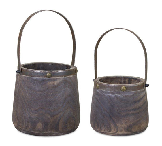 Dark Wooden Pail Planter with Metal Handle Accent, Set of 2 - Pier 1