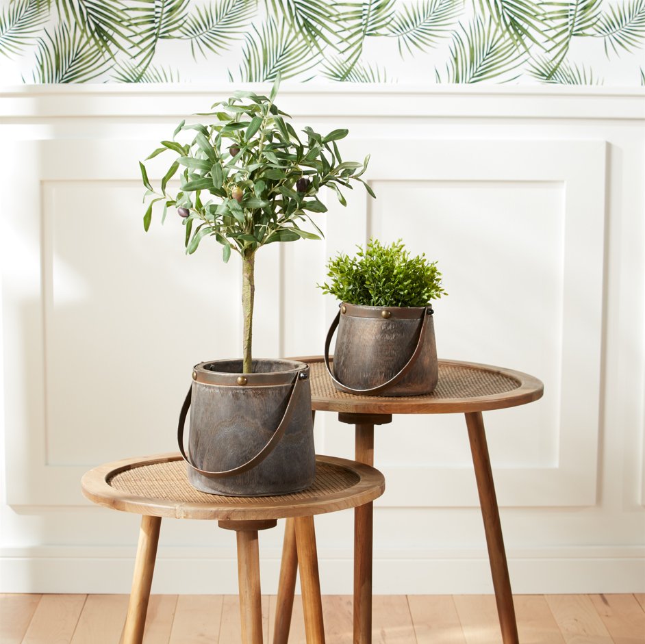 dark wood plant pot Dark Wooden Pail Planter with Metal Handle Accent, Set of 2