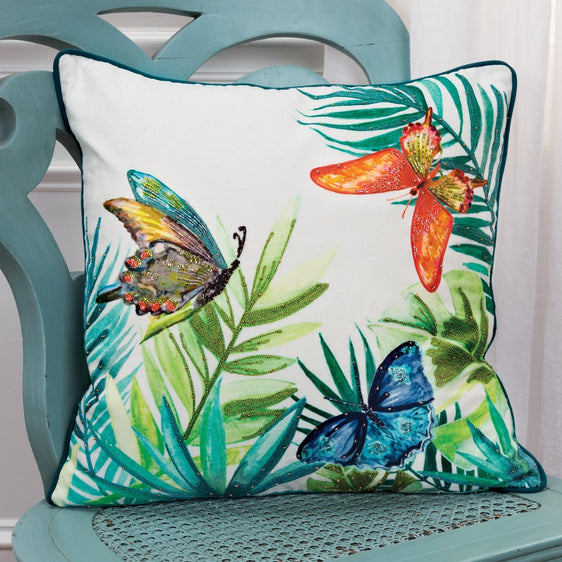 Digital Print And Embroidery Cotton Botanical With Butterflies Decorative Throw Pillow - Pier 1
