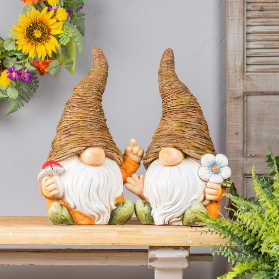 Distressed-Garden-Gnome-Statue-with-Mushroom-and-Flower-Accent,-Set-of-2-Outdoor-Decor