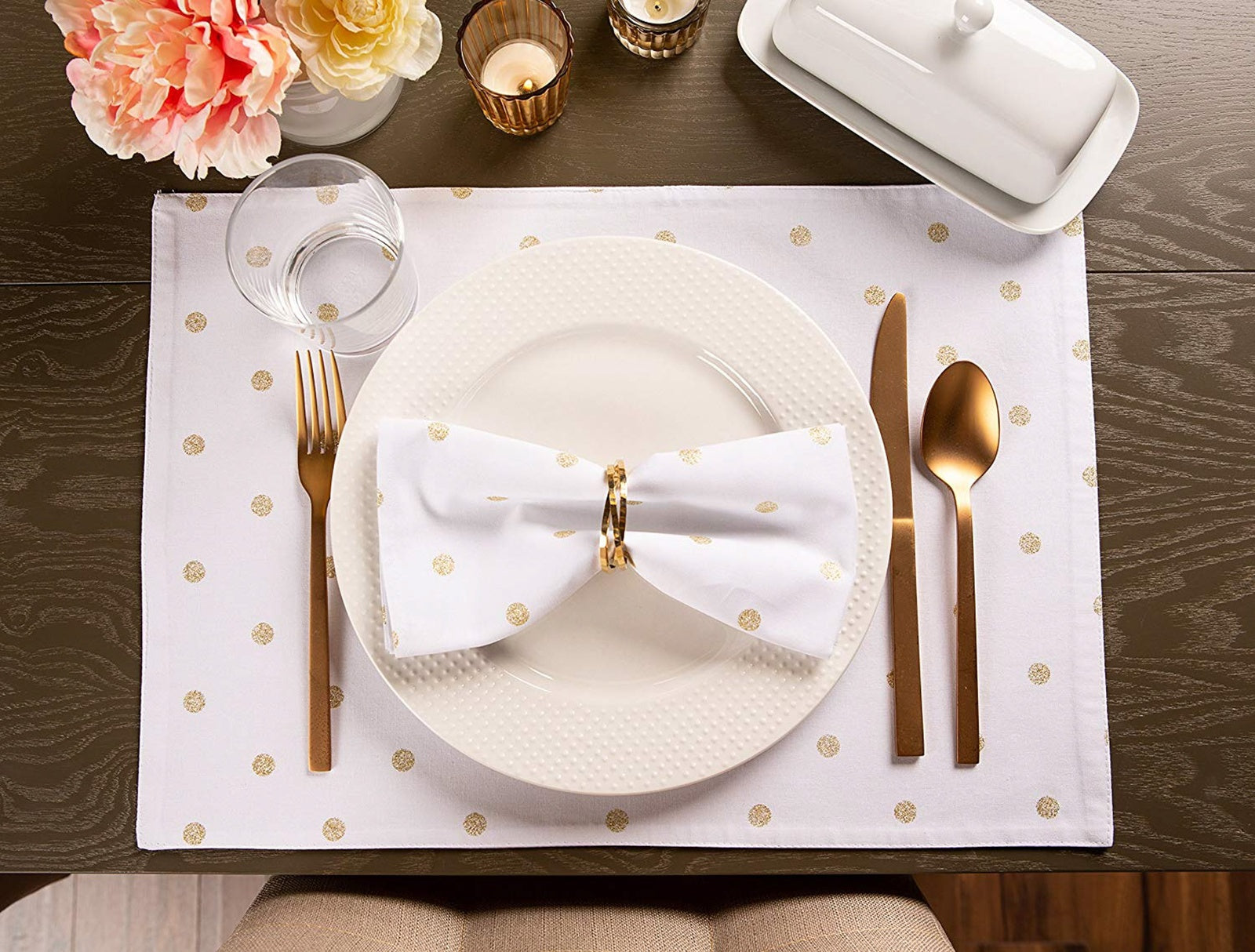 Metallic White & Gold Polka Dot Napkins, Set of 4 Napkins