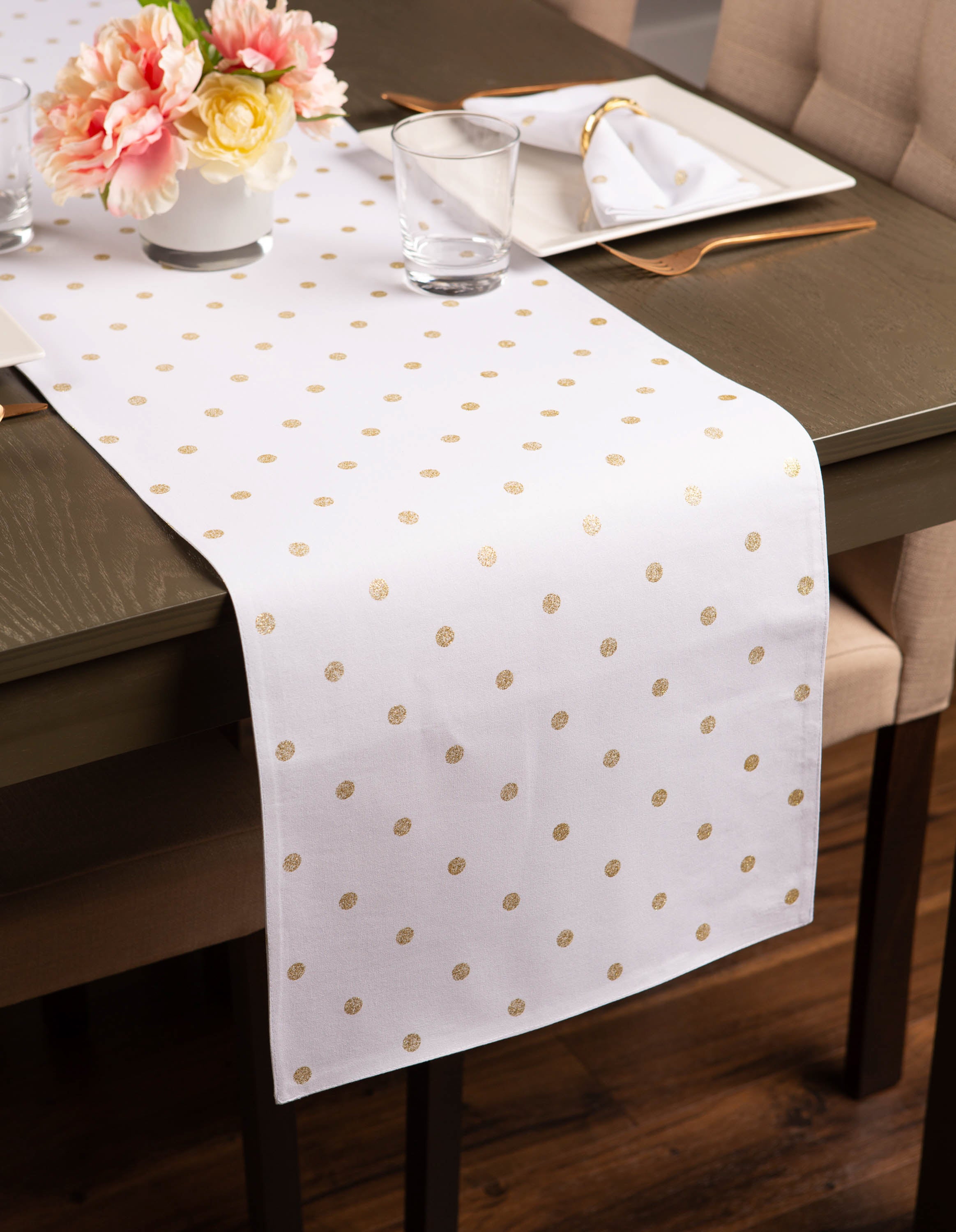 Metallic White & Gold Reversible Polka Dot Table Runner 13x72 Table Runners