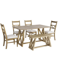 Farmhouse 6-Piece Dining Table Set with Cross Legs, 4 Upholstered Dining Chairs and Solid Wood Bench - Pier 1