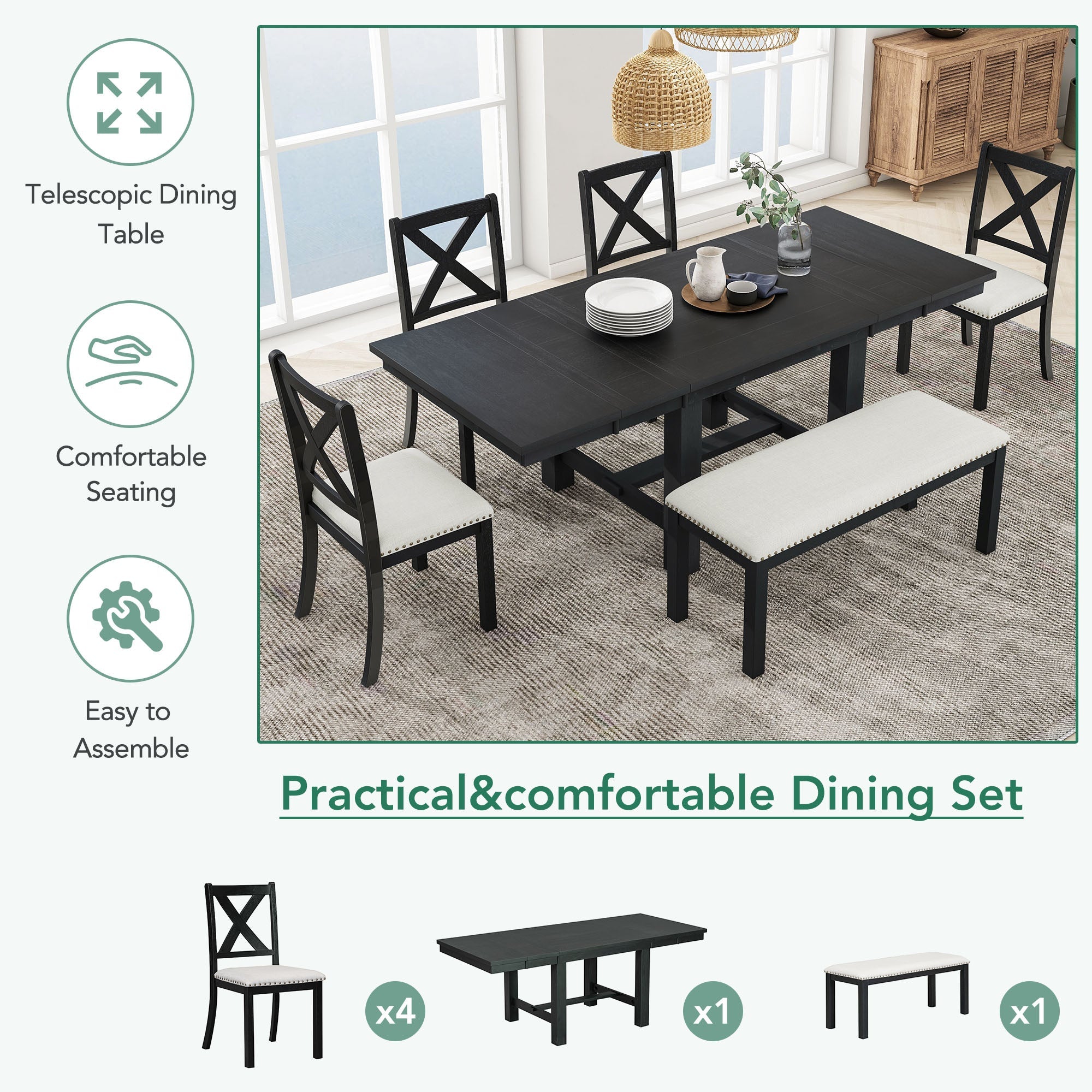 Farmhouse 82" 6-Piece Extendable Dining Table with Footrest, 4 Upholstered Dining Chairs, Dining Bench and Two 11" Removable Leaf - Pier 1
