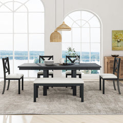 Farmhouse 82" 6-Piece Extendable Dining Table with Footrest, 4 Upholstered Dining Chairs, Dining Bench and Two 11" Removable Leaf - Pier 1