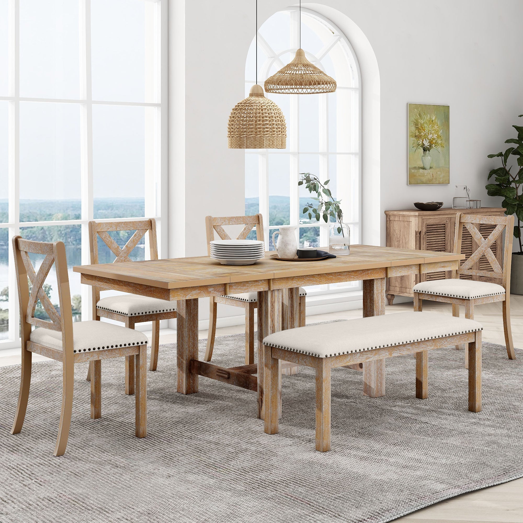 Farmhouse 82" 6-Piece Extendable Dining Table with Footrest, 4 Upholstered Dining Chairs, Dining Bench and Two 11" Removable Leaf - Pier 1
