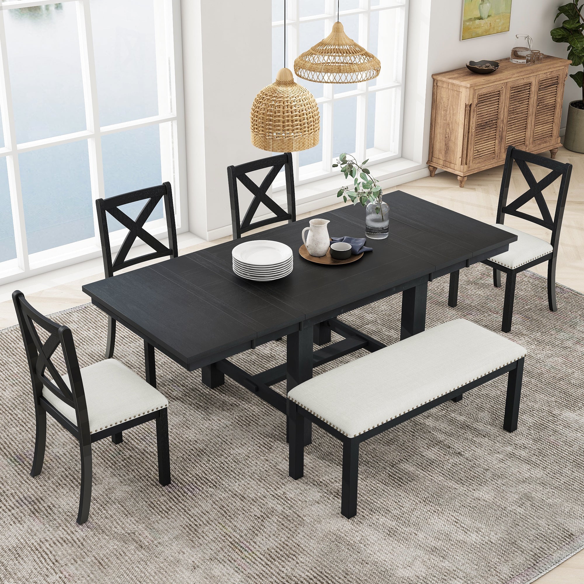 Farmhouse 82" 6-Piece Extendable Dining Table with Footrest, 4 Upholstered Dining Chairs, Dining Bench and Two 11" Removable Leaf - Pier 1
