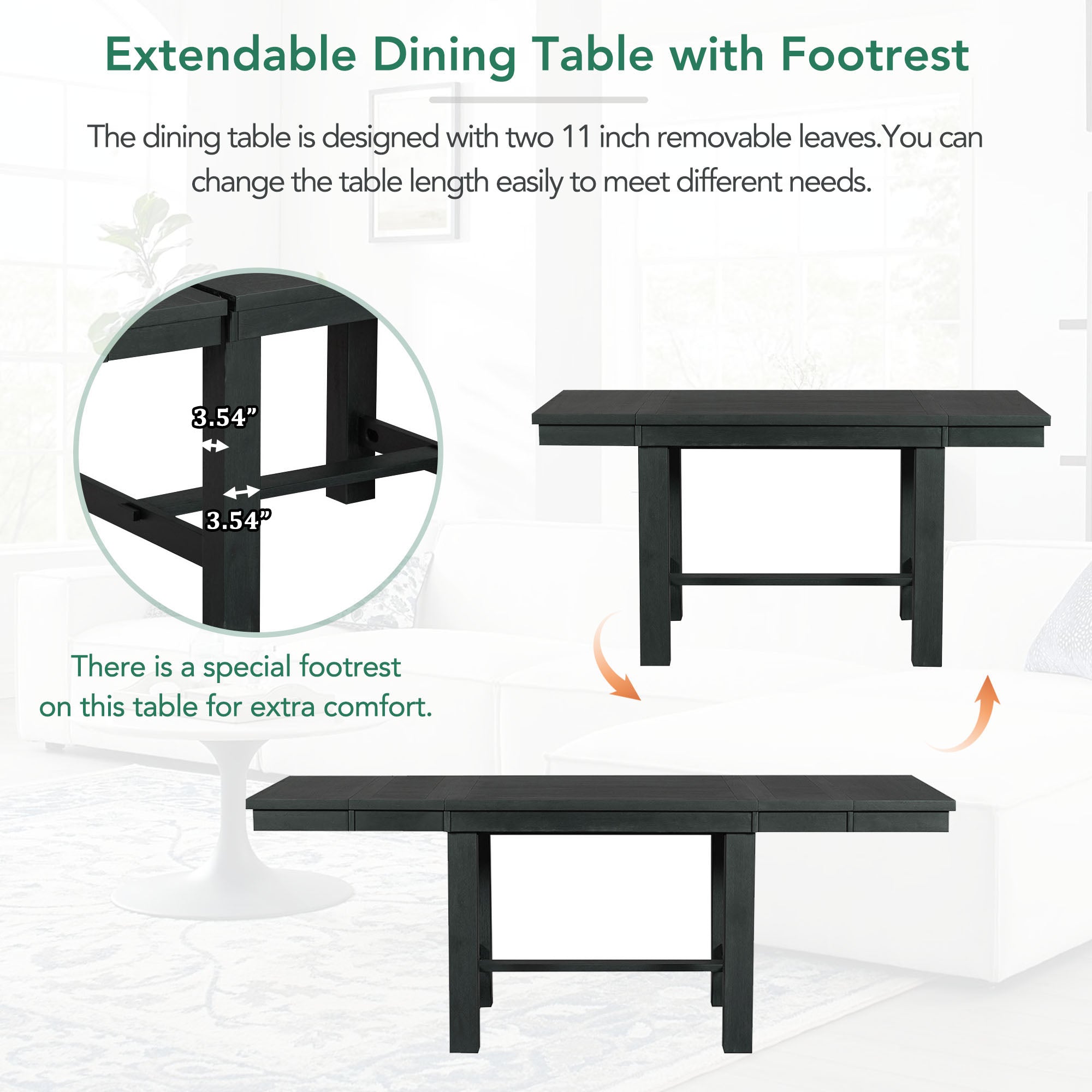Farmhouse 82" 6-Piece Extendable Dining Table with Footrest, 4 Upholstered Dining Chairs, Dining Bench and Two 11" Removable Leaf - Pier 1