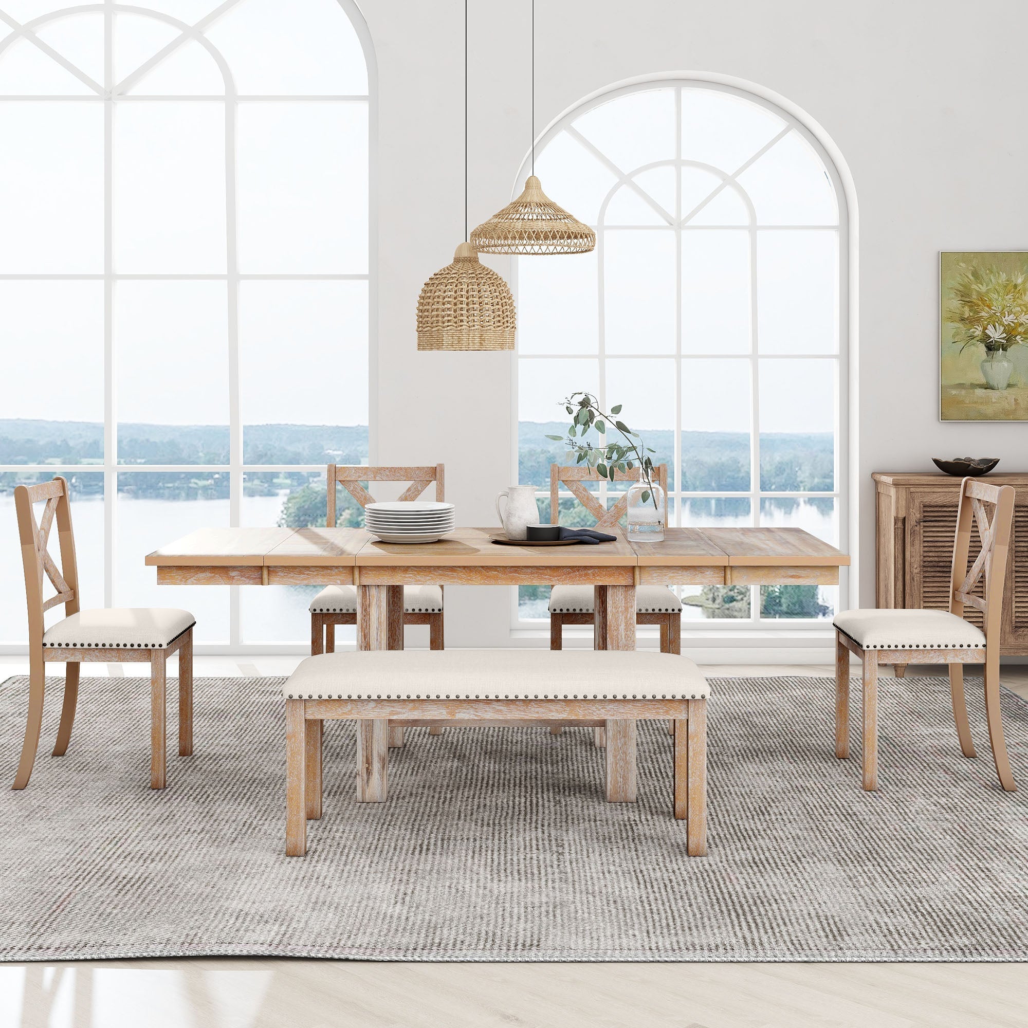 Farmhouse 82" 6-Piece Extendable Dining Table with Footrest, 4 Upholstered Dining Chairs, Dining Bench and Two 11" Removable Leaf - Pier 1