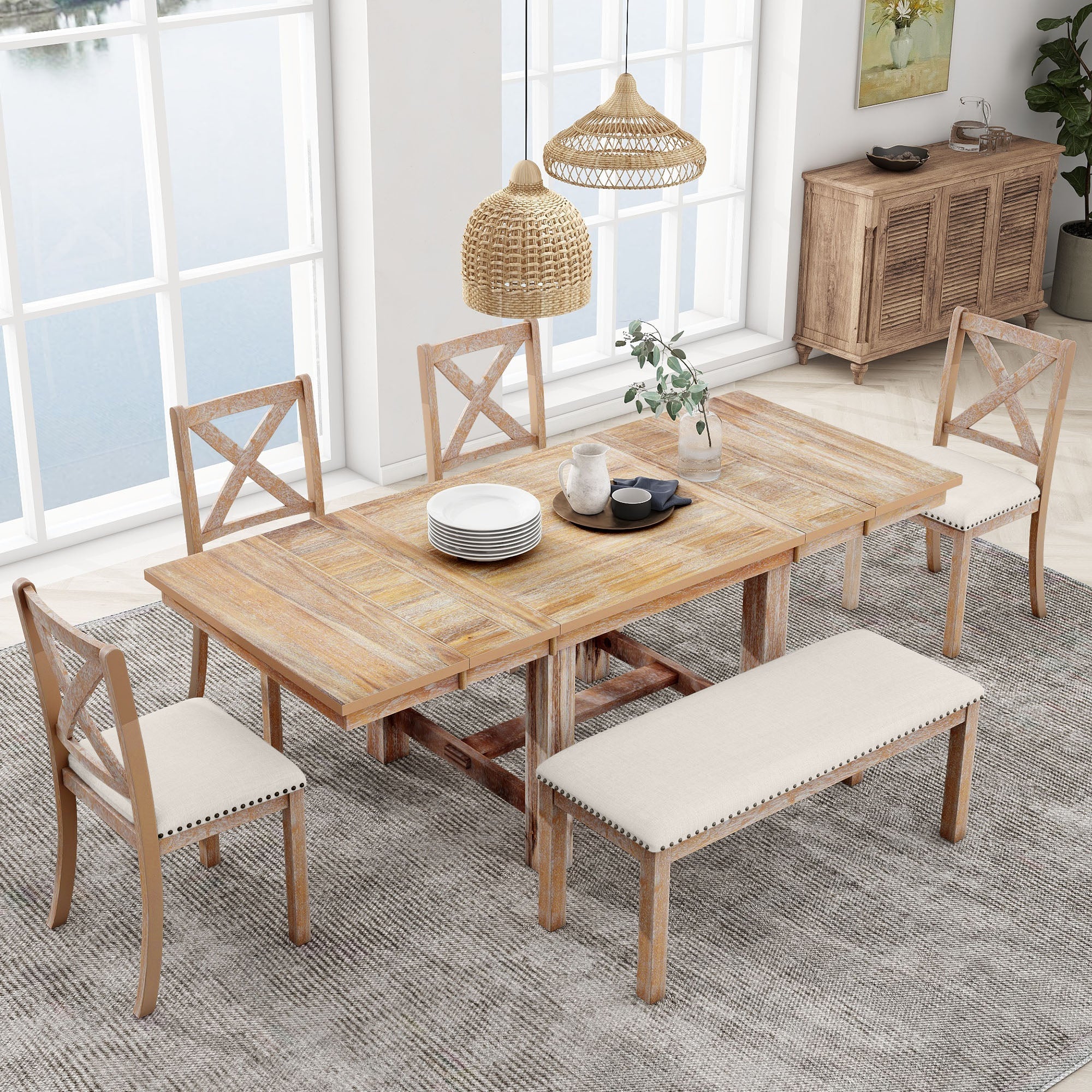 Farmhouse 82" 6-Piece Extendable Dining Table with Footrest, 4 Upholstered Dining Chairs, Dining Bench and Two 11" Removable Leaf - Pier 1
