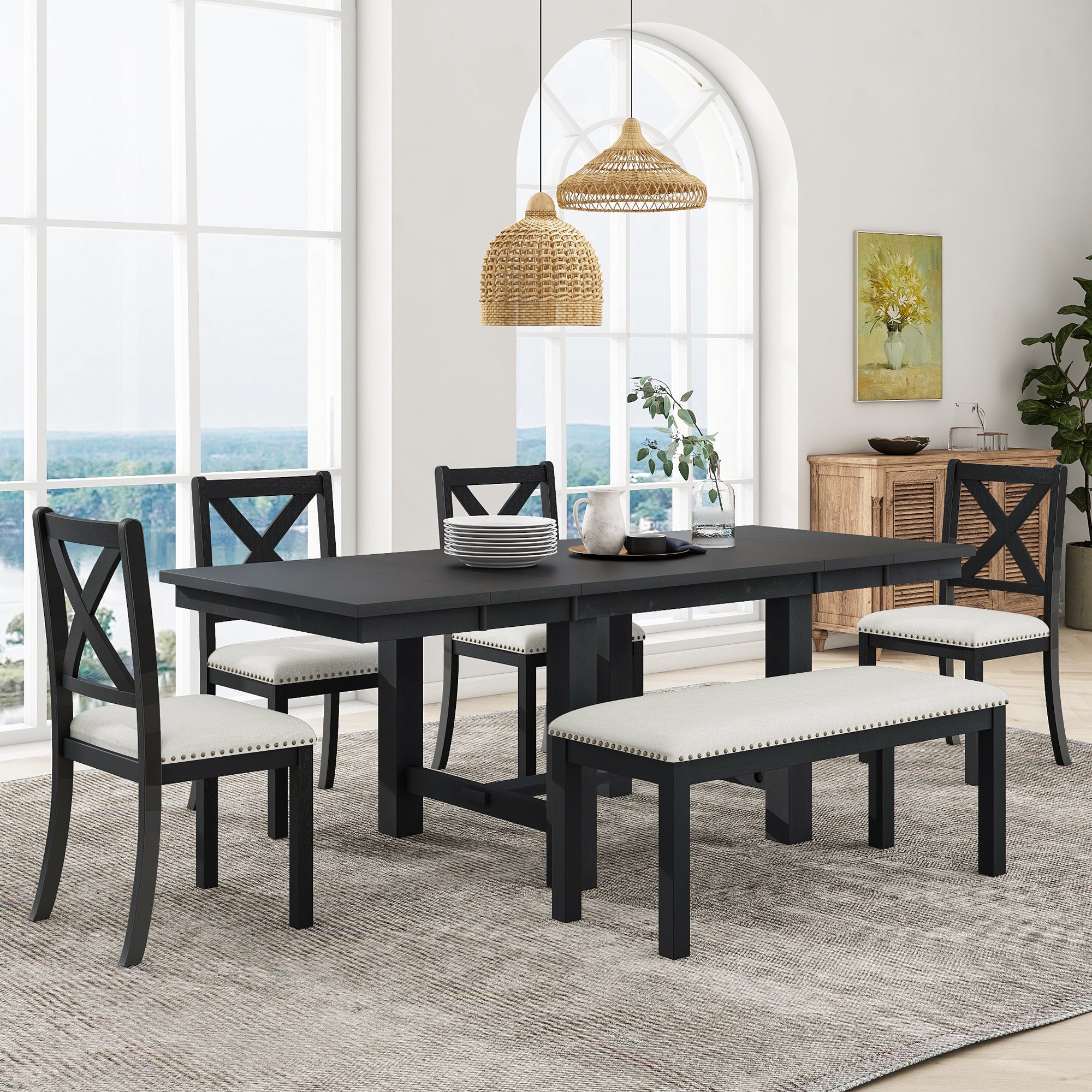 Farmhouse 82" 6-Piece Extendable Dining Table with Footrest, 4 Upholstered Dining Chairs, Dining Bench and Two 11" Removable Leaf - Pier 1