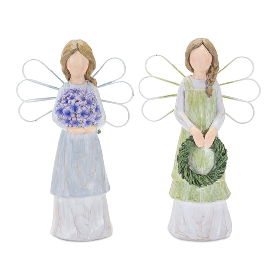 Farmhouse-Angel-Figurine-with-Floral-Accent,-Set-of-2-Decor