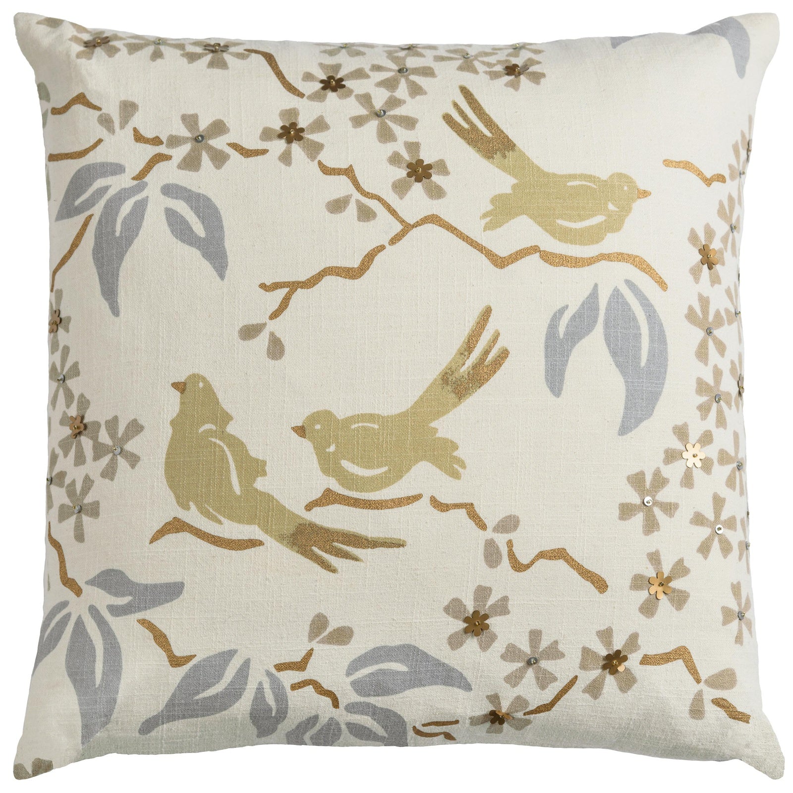 Floral Birds Printed Cotton Pillow Cover - Decorative Pillows