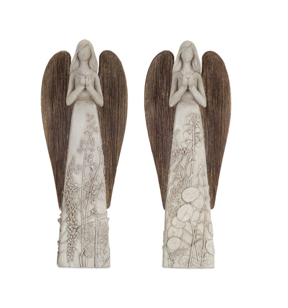 Floral-Sculpted-Angel-with-Wood-Style-Wings,-Set-of-2-Decor