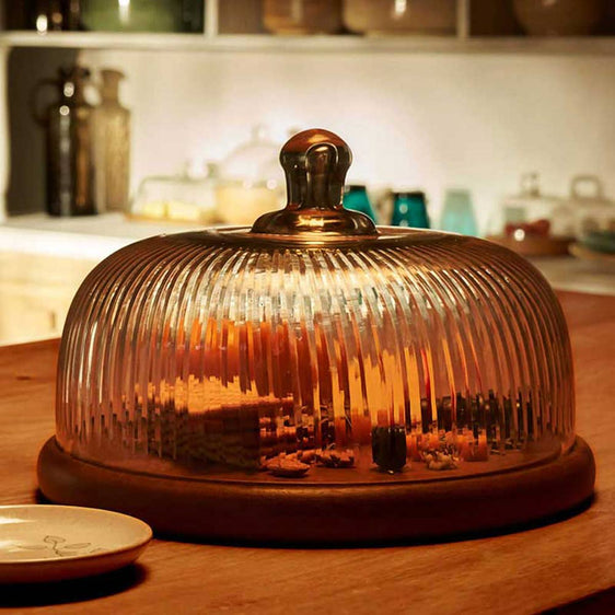 Fluted-Glass-Cloche-With-Wooden-Base-Serveware