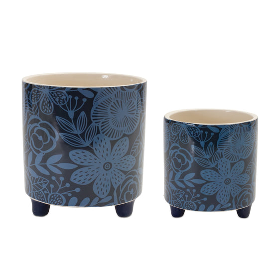 Footed-Floral-Pattern-Planter,-Set-of-2-Planters